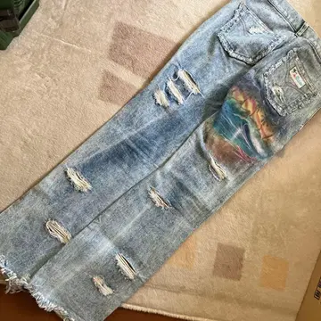 컬러풀 비치 프린트 데미지 데님 팬츠 S