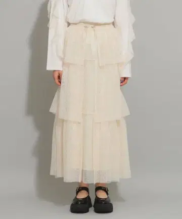 Ray BEAMS 메쉬 티어드 롱 스커트 화이트