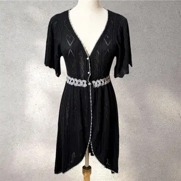 [엑시즈팜] 롱 가디건/레이스 패턴 블랙/어른 걸리시/반소매