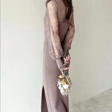 [ 새상품급 ] 리젝시/브라운 리브 니트 레이스 긴팔 원피스