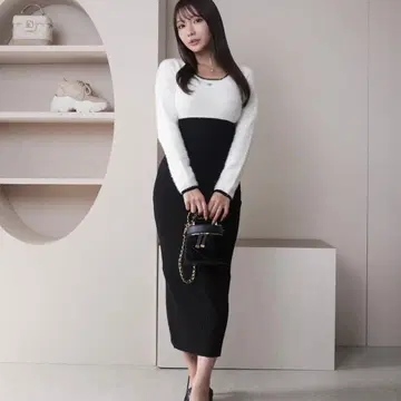 [립 서비스] 페더 바이컬러 리브 롱 원피스 (WEB 한정판)