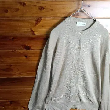 가디건 꽃 자수 실크 100% 내추럴 베이지 XL 구제 의류