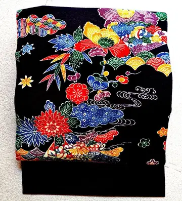 오비(약 27.3cm) 나고야 오비 블랙 베이스 꽃무늬