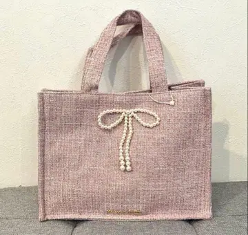 메종 드 플뢰르 핑크 트위드 펄 리본 스퀘어 토트백