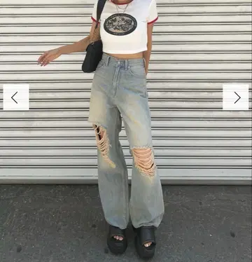 EVRIS 그런지 데미지 와이드 데님 팬츠 라이트 블루 S 사이즈