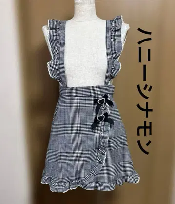 허니시나몬 체크 무늬 점프 스커트 레이스 하트 펄