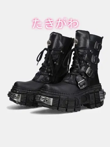 NESTLING BRAND 블랙 디자인 통굽 메탈 부츠 Y2K