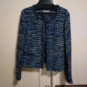 미사용 새상품 내추럴 뷰티 노카라 트위드 자켓 블루 계열