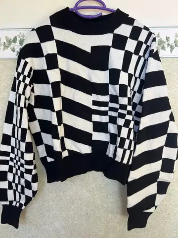 Ray BEAMS 크롭 스웨터 체크 무늬