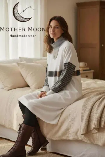 핸드메이드handmade 화이트 니트의 가슴 패치 라인 & 파 OP