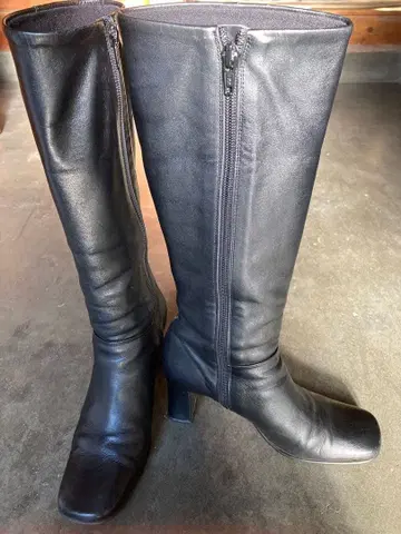 블랙 가죽 롱 부츠 지퍼 포함