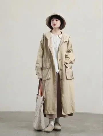 새상품 후드 부착 롱 코트 모즈 코트 넉넉한 핏 얇은 소재 봄/가을 선물