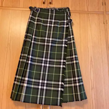 그린 계열 체크 플리츠 스커트 벨트 포함