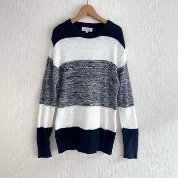 코튼 니트 스웨터 풀오버 보더 긴팔 M 크루넥 면