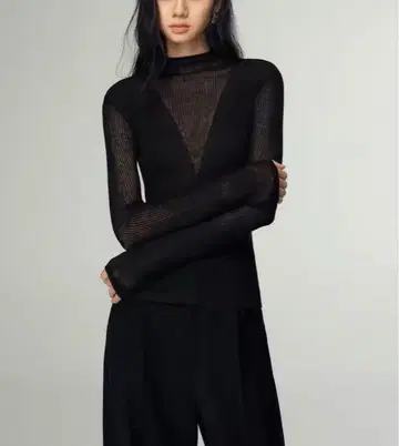 리브 편직 V넥 긴팔 상의