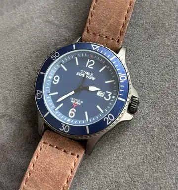 Timex 아날로그 시계 파란색 다이얼 가죽