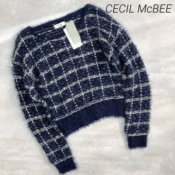 미사용 세실 맥비 샤기 니트 파랑 네이비 화이트 체크 m