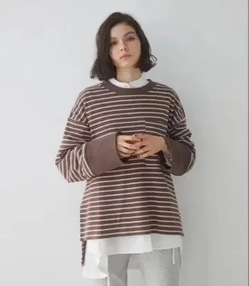 알리시아스탄 브라운 화이트 스트라이프 긴팔 상의