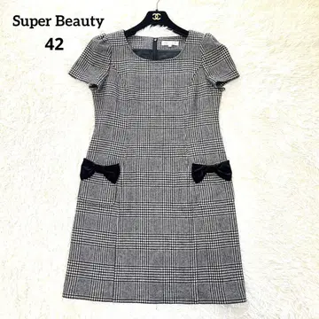 새상품급 슈퍼 뷰티 울 하운드투스 체크 패턴 원피스 42 XL 리본