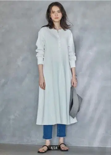 SLOW 23구 워셔블 와플 저지 플레어 원피스 화이트