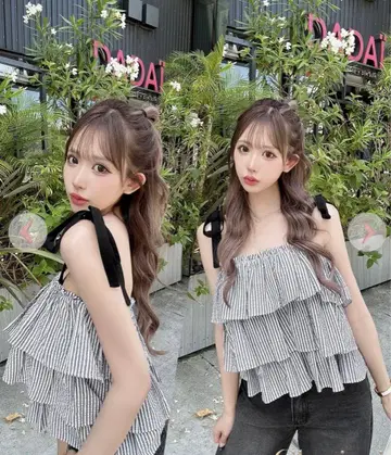 스트라이프 프릴 슬리브리스 상의 cherimi 셰리미 이토 모모모