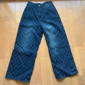 다크 블루 데님 와이드 레그 팬츠