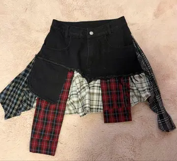 데님 체크 레이어드 미니스커트