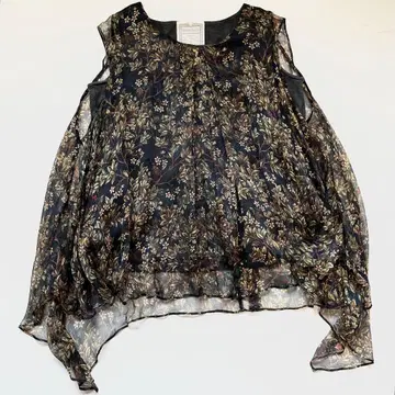 비어즐리 실크 프린트 레이어 블라우스 불규칙 밑단 보태니컬 무늬