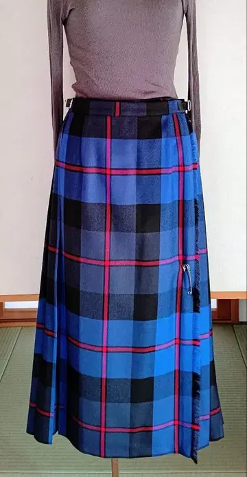 파랑과 블랙 체크 플리츠 스커트 롱