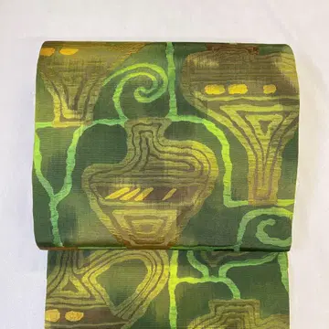 나고야 오비 순수 실크 항아리 추상 무늬 그린 블러 기모노 052t