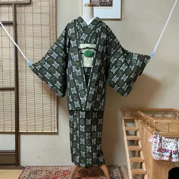 성인 울  기모노 앙상블 기모노 겉옷 겉옷 끈 포함 모스그린