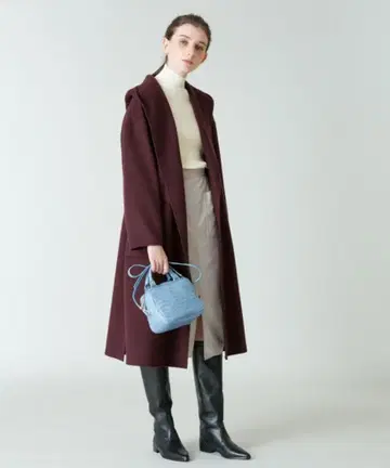 Allureville 후드 부착 리버 코트 버건디 롱 코트