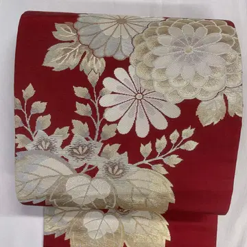 나고야 오비 국화 도라지 리프 무늬 와인 레드 기모노 091t