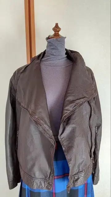 브라운 가죽 자켓 더블 지퍼