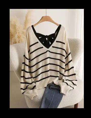 빅 사이즈 여성용 보더 백 타이 풀오버 니트 3XL 미사용 새상품