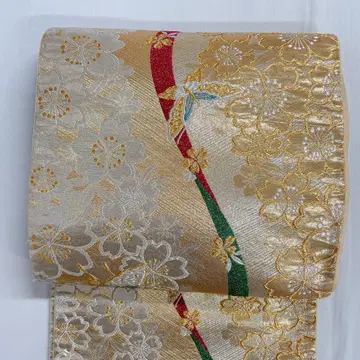 후쿠로 오비 금실 은실 벚꽃 꽃 나비 무늬 기모노 101t