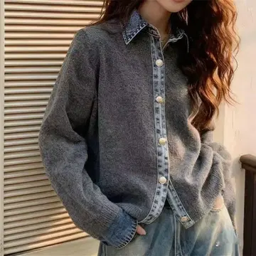 데님 절개 니트 가디건 데님 옷깃 프리 사이즈 M~L 상당 한국 스타일