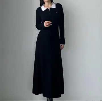 루엘 Louere 로고 자수 니트 폴로 플레어 원피스 MT