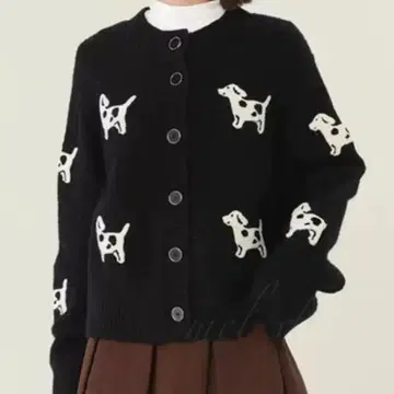 스웨터 니트 가디건 블랙 M 귀여운 강아지 패턴 니트 강아지 굿즈 따뜻한