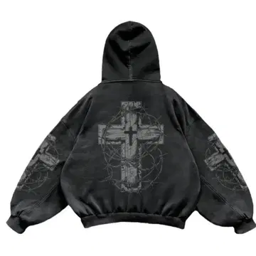 후드티 빅 실루엣 하트 크로스 프론트 포켓 다크 블랙