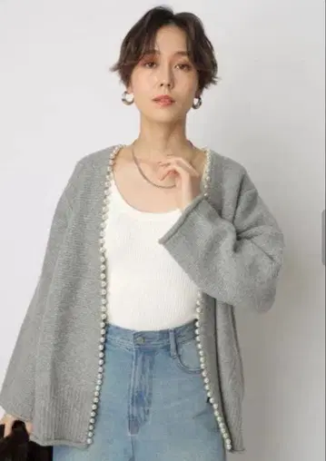 새상품급 Arpege story 펄 장식 로우 게이지 가디건
