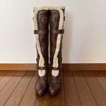 브라운 가죽 퍼 롱 부츠
