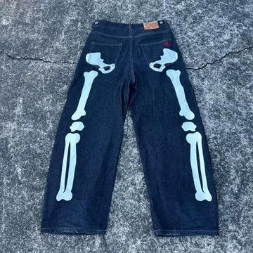 9090 뼈 프린트 다크 블루 데님 팬츠