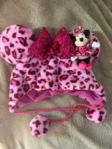 미니 레오파드 무늬 팬 캡 & 봉제 인형 키체인 핑크