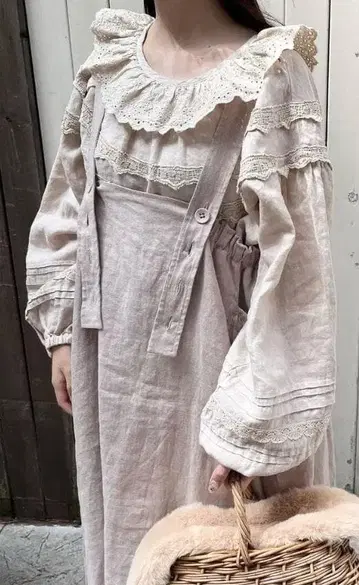 지유가오카 한정판 앞뒤 착용 린넨 에이프런 원피스 (브라운)