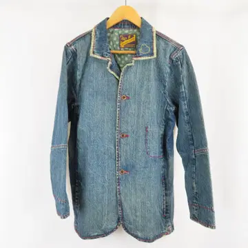 PEACEFULL 데미지 가공 하트 프린트 스티치 데님 자켓