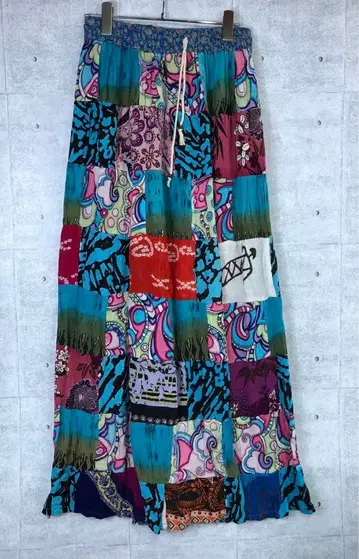 레트로 올드 페스티벌 구제 의류 민족 패턴 덧댄 롱 플레어 스커트