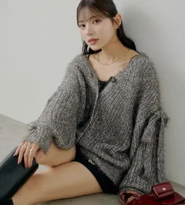 새상품 Chico 치코 소매 리본 루즈 리브 가디건 차콜