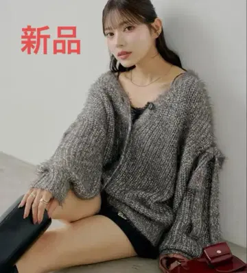 새상품 Chico 치코 소매 리본 루즈 리브 가디건 차콜