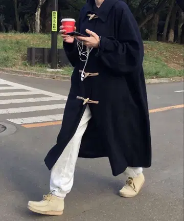 네이비 후드 부착 더플 코트 ungrid